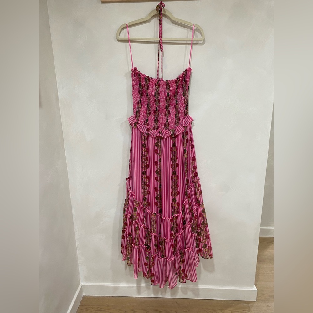 Free People Alejandra Sleeveless Smocked Midi Dress Hot Pink Combo Large NWT - Picture 4 of 7